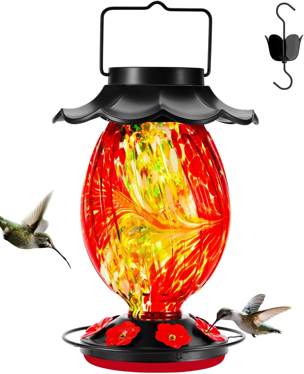 Solar Hummingbird Feeder - 49 fl.oz Hand Blown Glass Color Changing - 7 Feeding Ports with Perch - Never Leak - Perfect Hummingbird Feeder for Outdoors Hanging (Red)