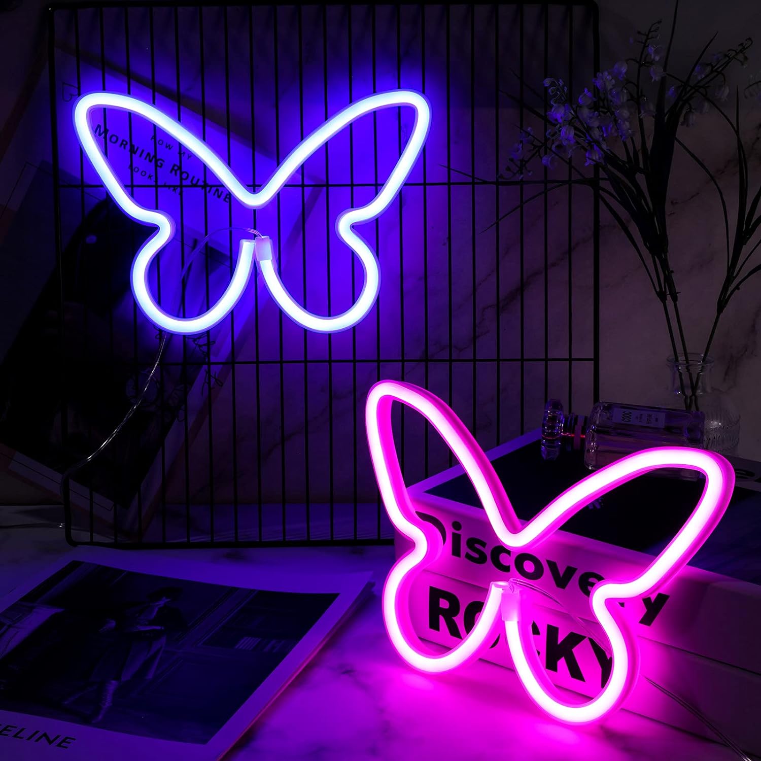 Riakrum 2 Pcs Butterfly Neon Signs Butterfly LED Light 3AA Battery Powered, USB Operated Wall Neon Light Decor Butterfly Neon Wall Art for Home Bedroom Wedding Birthday Party Decor(Pink, Blue)