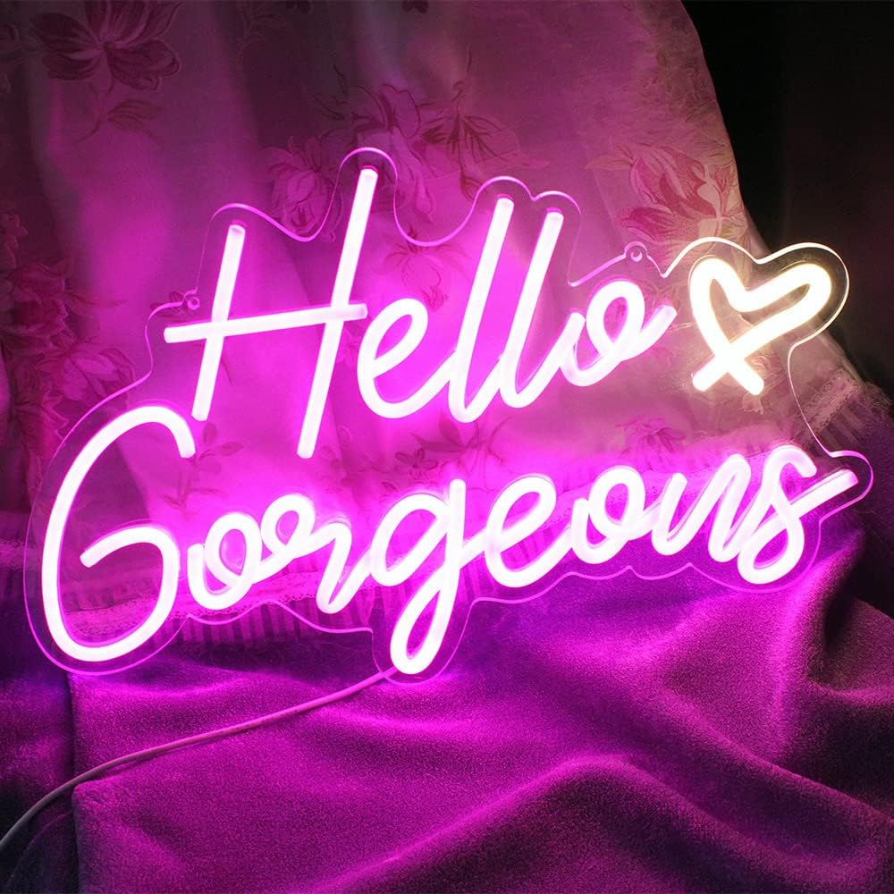 Hello Gorgeous Neon Sign Hello Beautiful Pink LED Neon Lights for Home Wedding Birthday Backdrop Bacelorette Party Wth Dimmable Switch(5V,16.5X10.6inches)