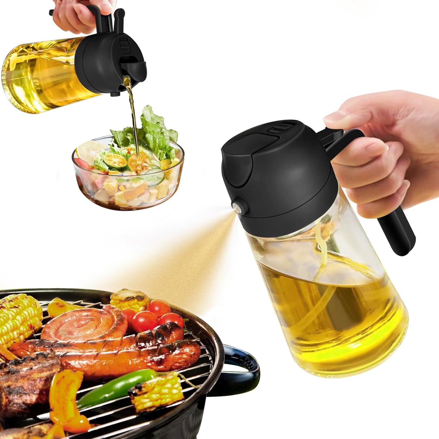 Olive Oil Dispenser, 2 in 1 Oil Sprayer for Cooking, 17oz/500ml Glass Oil Spray Bottle with Pourer, Food-grade Oil Dispenser and Oil Sprayer for Kitchen, Salad, Frying, BBQ (Black)
