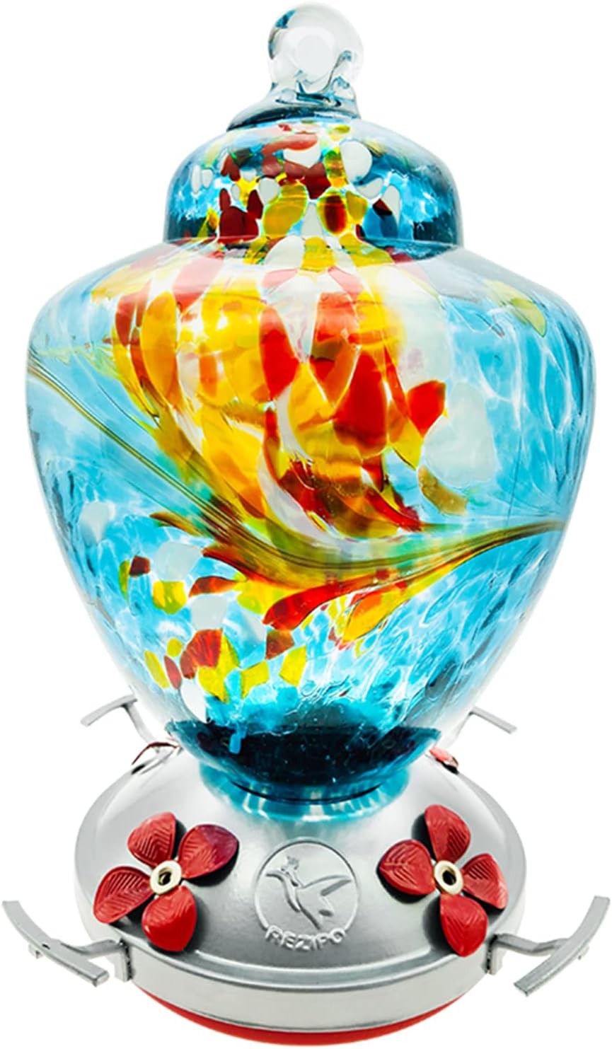 Hummingbird Feeder with Perch - Hand Blown Glass - Blue - 38 Fluid Ounces Hummingbird Nectar Capacity Include Hanging Wires and Moat Hook